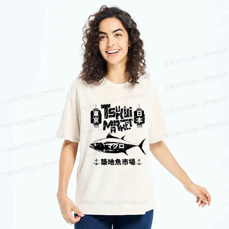 Retro Japanese Fish Market T-Shirt for Daily Wear