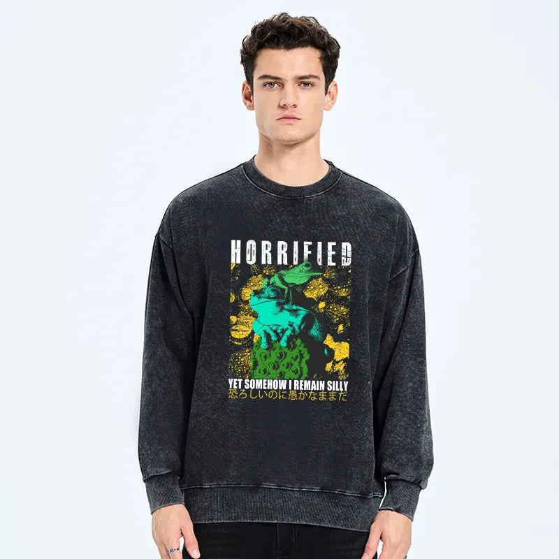 Kyoto-Lion Horrified Two Frogs Funny Washed Sweatshirt