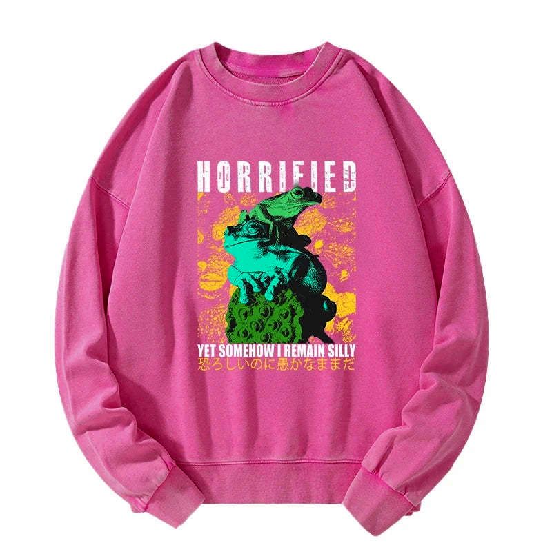 Kyoto-Lion Horrified Two Frogs Funny Washed Sweatshirt