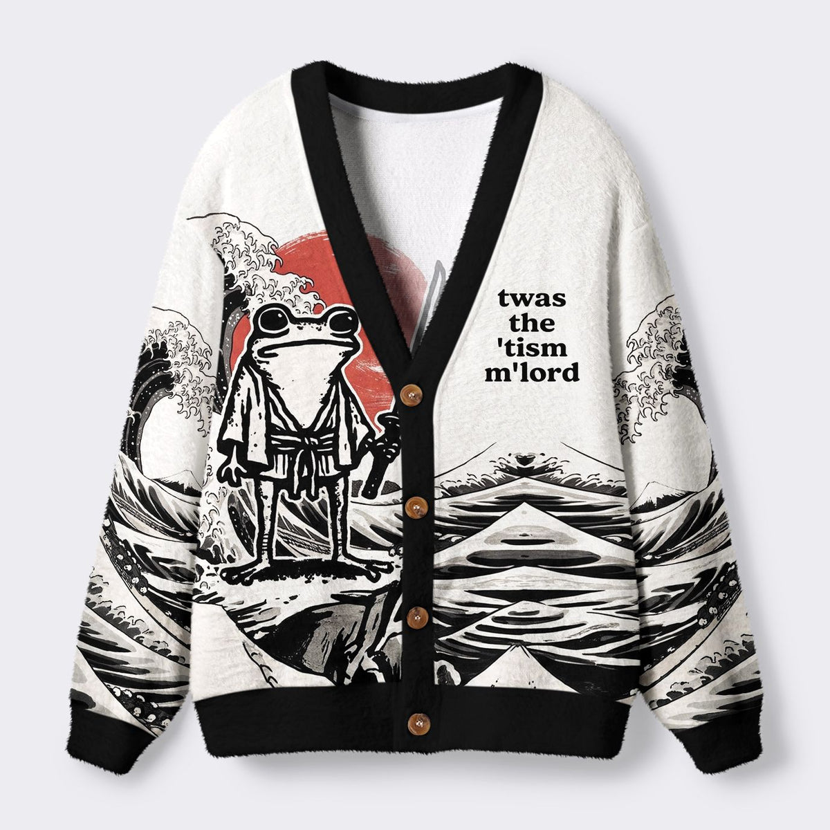Kyoto-Lion Focused Samurai Frog Ugly Cardigan Sweater