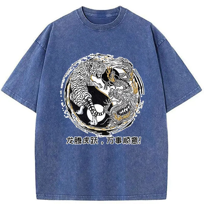 Kyoto-Lion Dragon And Tiger Battle Washed T-Shirt