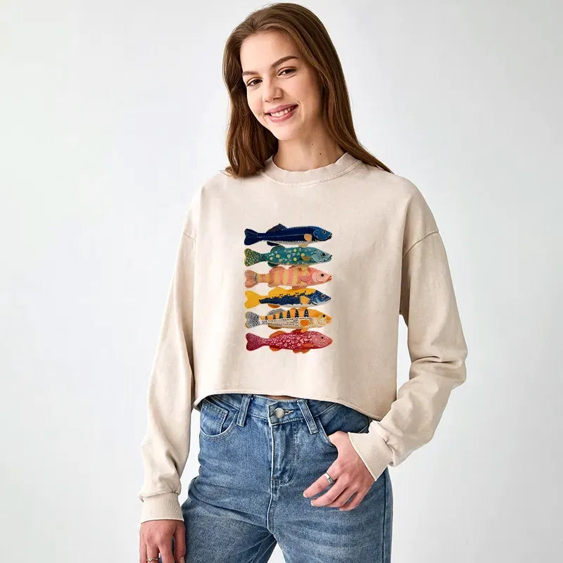 Vintage Japanese Art Crop Sweatshirt for Women