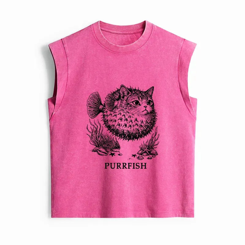 Kyoto-Lion Spiky Puffer With Cute Cat Head Women's Washed Tank Tops