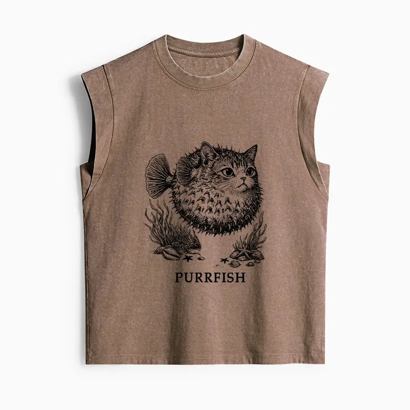Washed Tank Top with Cat Print for Women