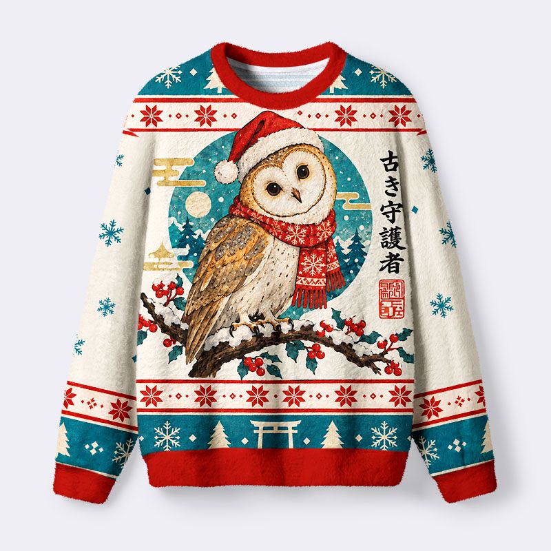 Kyoto-Lion Japanese Winter Owl Fuzzy Christmas Ugly Sweatshirt