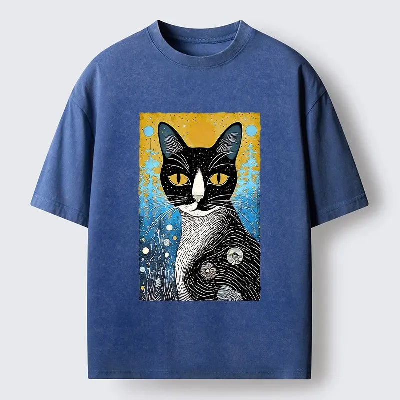 Kyoto-Lion Retro Space Cat Nature Folk Art Washed T-Shirt