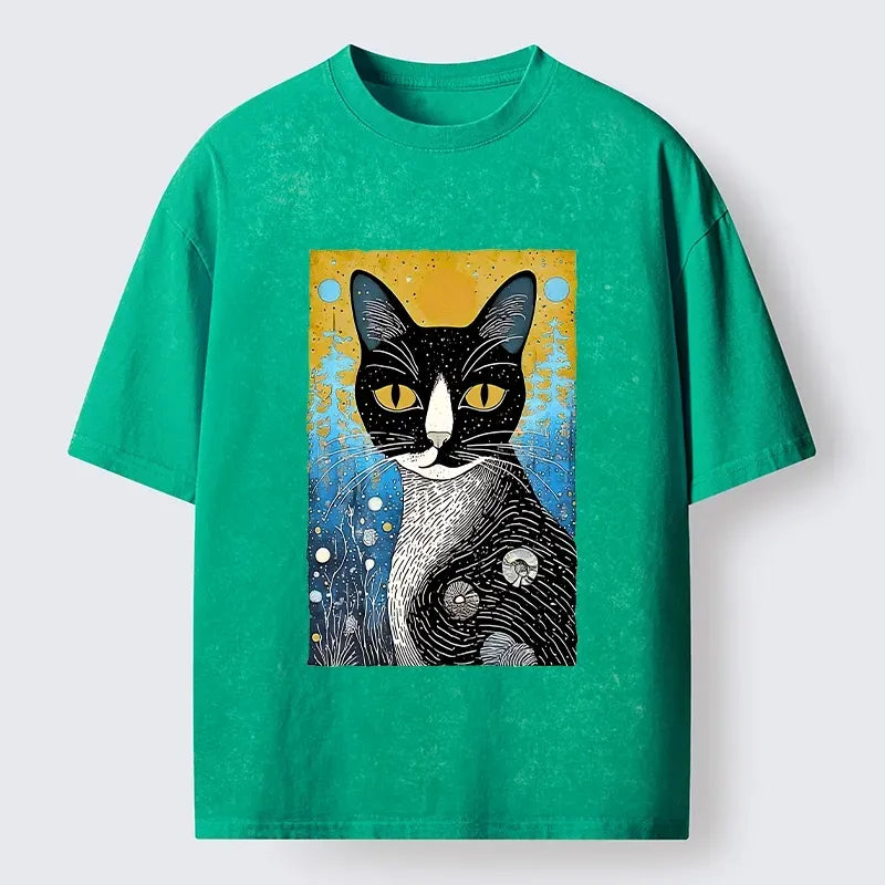 Kyoto-Lion Retro Space Cat Nature Folk Art Washed T-Shirt