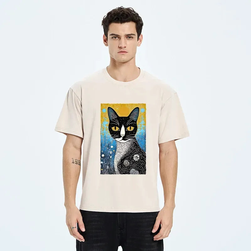 Kyoto-Lion Retro Space Cat Nature Folk Art Washed T-Shirt