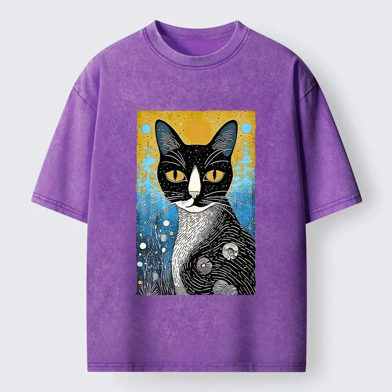 Kyoto-Lion Retro Space Cat Nature Folk Art Washed T-Shirt