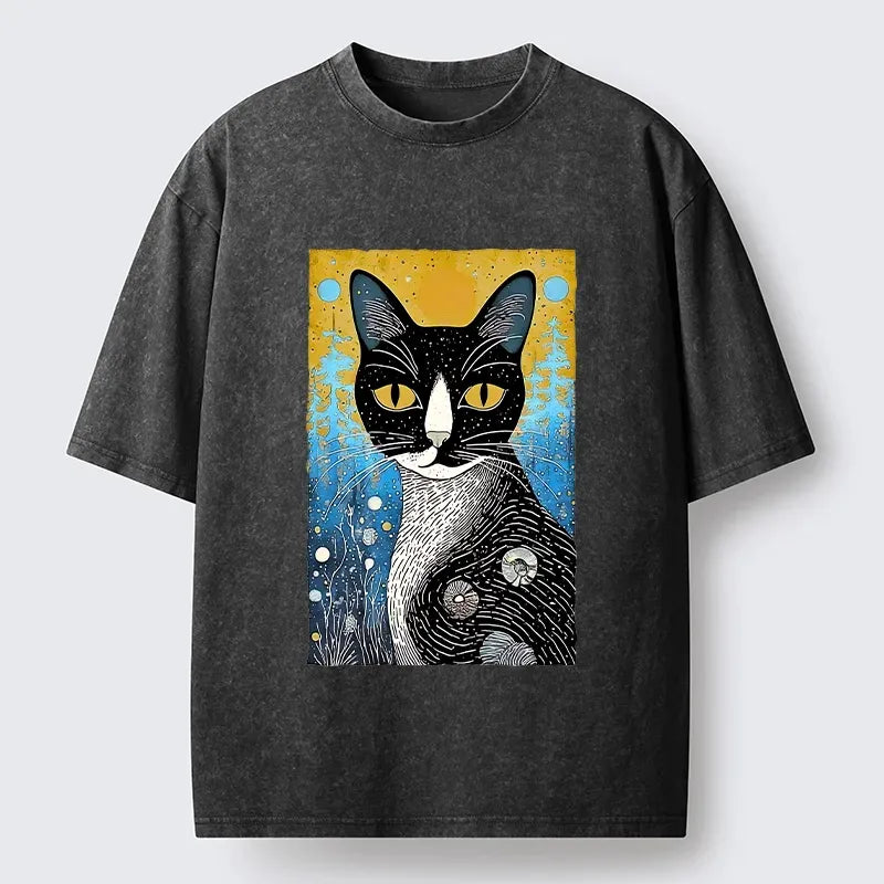 Kyoto-Lion Retro Space Cat Nature Folk Art Washed T-Shirt