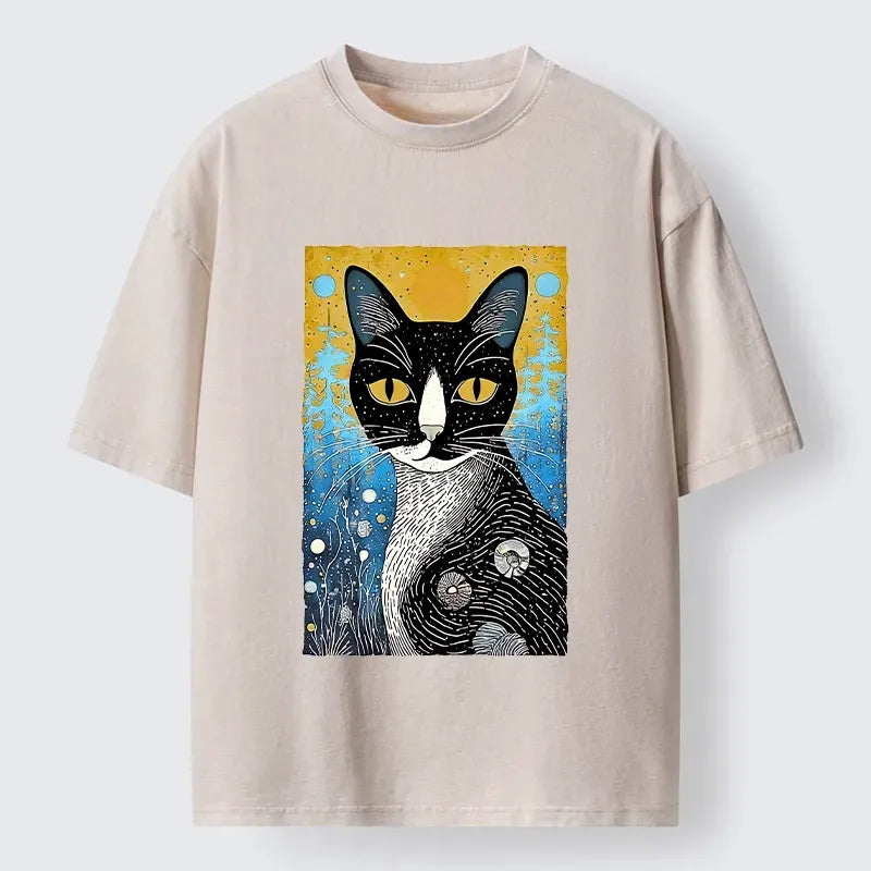 Kyoto-Lion Retro Space Cat Nature Folk Art Washed T-Shirt