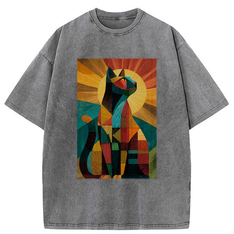 Japanese Cat Washed T-Shirt for Daily Wear