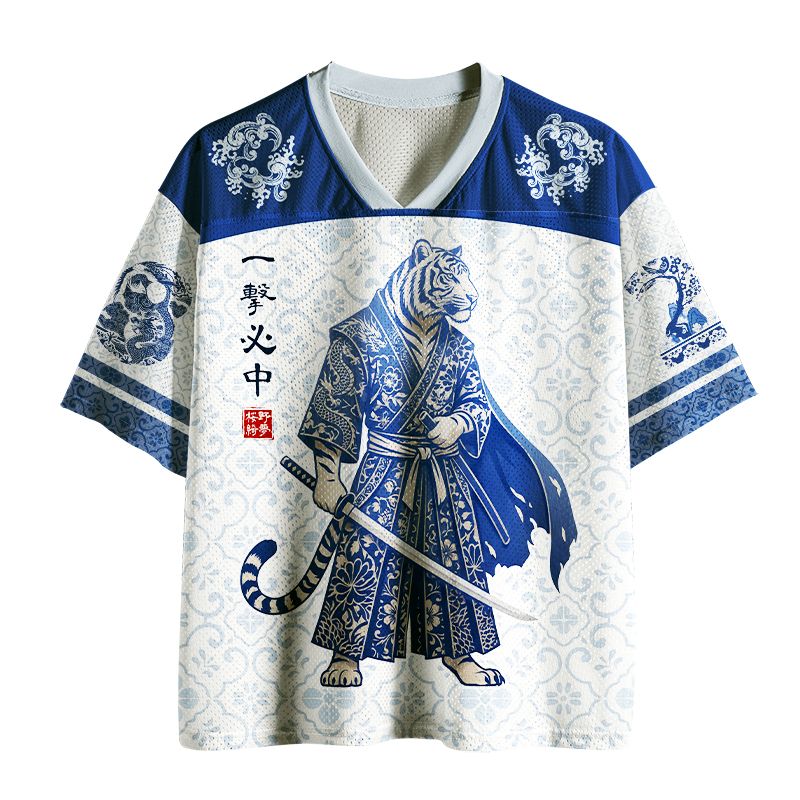 Kyoto-Lion Blue White Porcelain Samurai Tiger Mesh Jersey