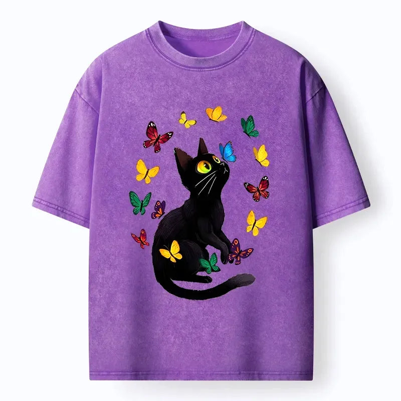 Kyoto-Lion Black Cat Playing With Colorful Butterflies Washed T-Shirt