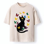 Kyoto-Lion Black Cat Playing With Colorful Butterflies Washed T-Shirt