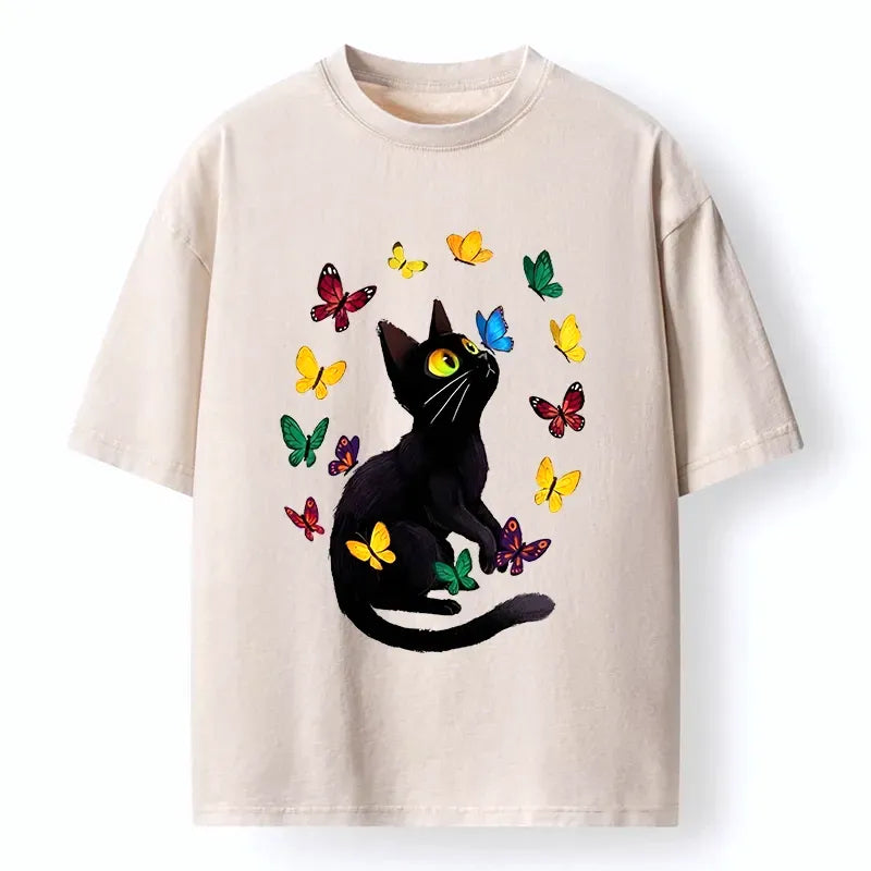 Kyoto-Lion Black Cat Playing With Colorful Butterflies Washed T-Shirt
