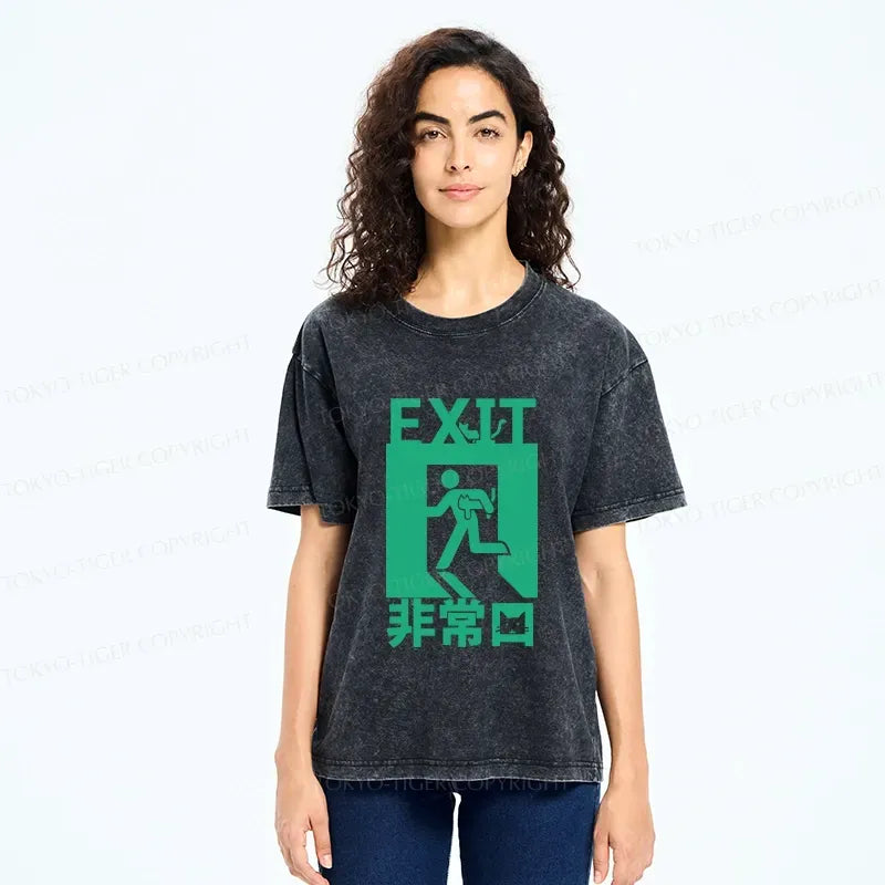 Kyoto-Lion Funny Cat Exit Washed T-Shirt