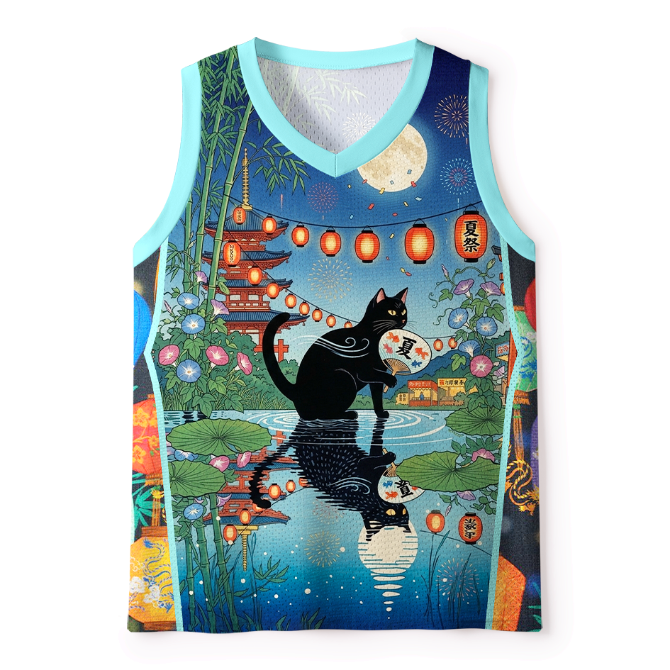 Kyoto-Lion Tsuki to Hanabi Natsu Matsuri Black Cat Mesh Tank Top