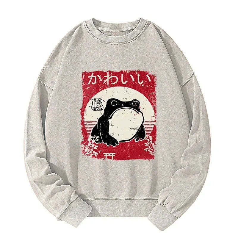 Kyoto-Lion Woodblock Print Grumpy Frog Washed Sweatshirt