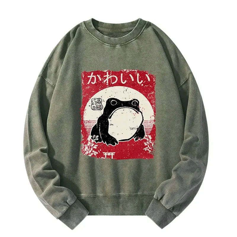 Kyoto-Lion Woodblock Print Grumpy Frog Washed Sweatshirt