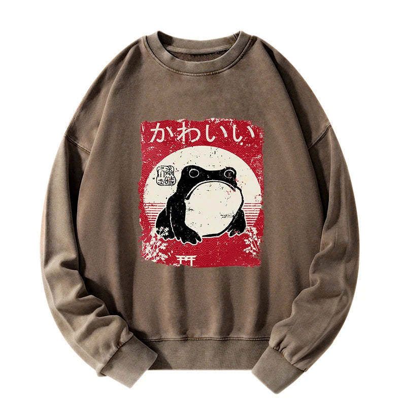 Kyoto-Lion Woodblock Print Grumpy Frog Washed Sweatshirt