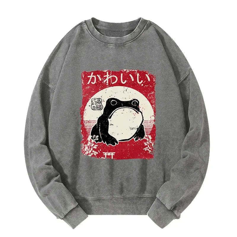 Kyoto-Lion Woodblock Print Grumpy Frog Washed Sweatshirt