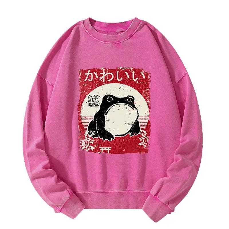 Kyoto-Lion Woodblock Print Grumpy Frog Washed Sweatshirt