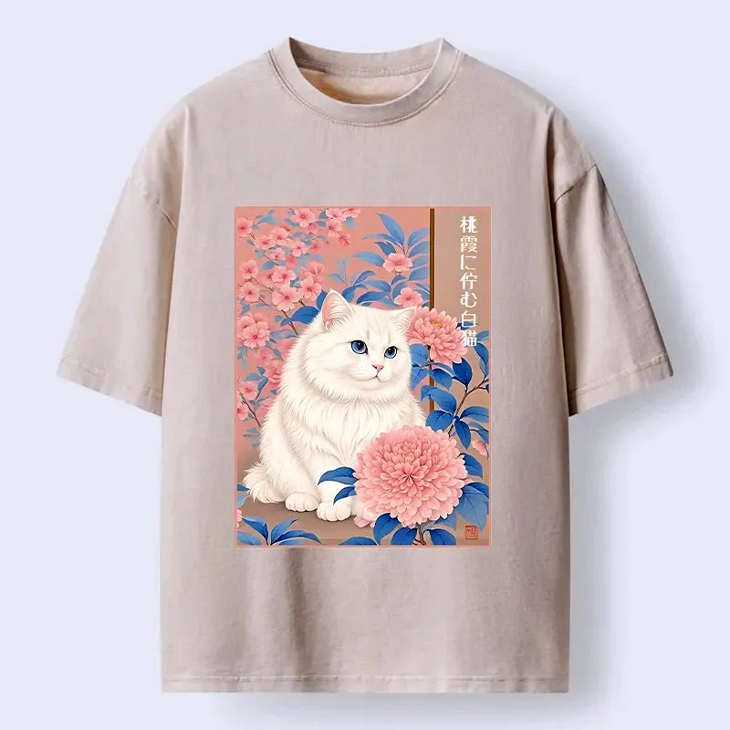 Kyoto-Lion White Cat Pink Blossom Soft Art Washed T-Shirt
