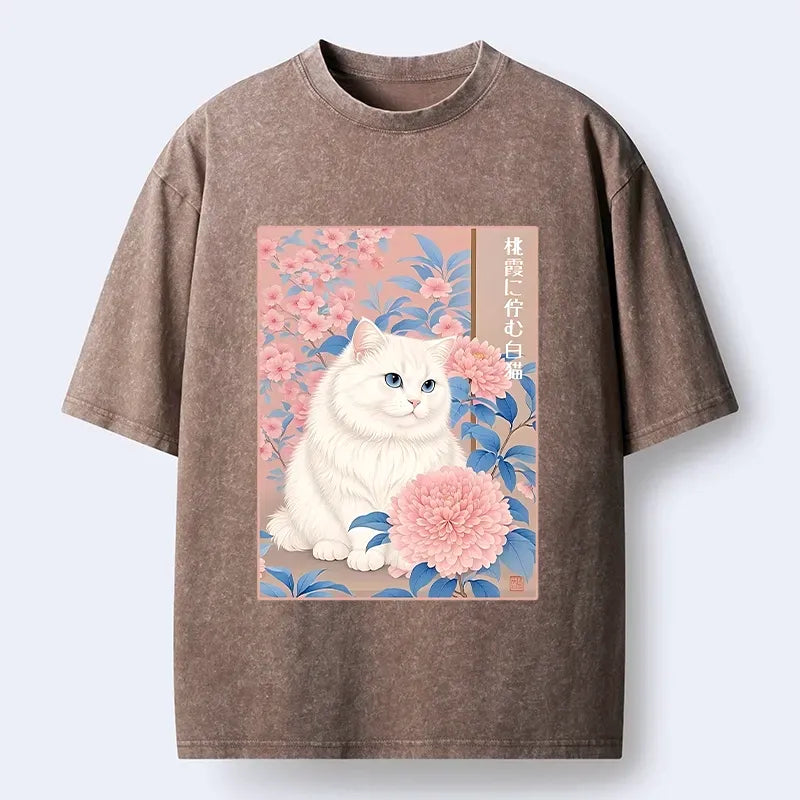 Kyoto-Lion White Cat Pink Blossom Soft Art Washed T-Shirt