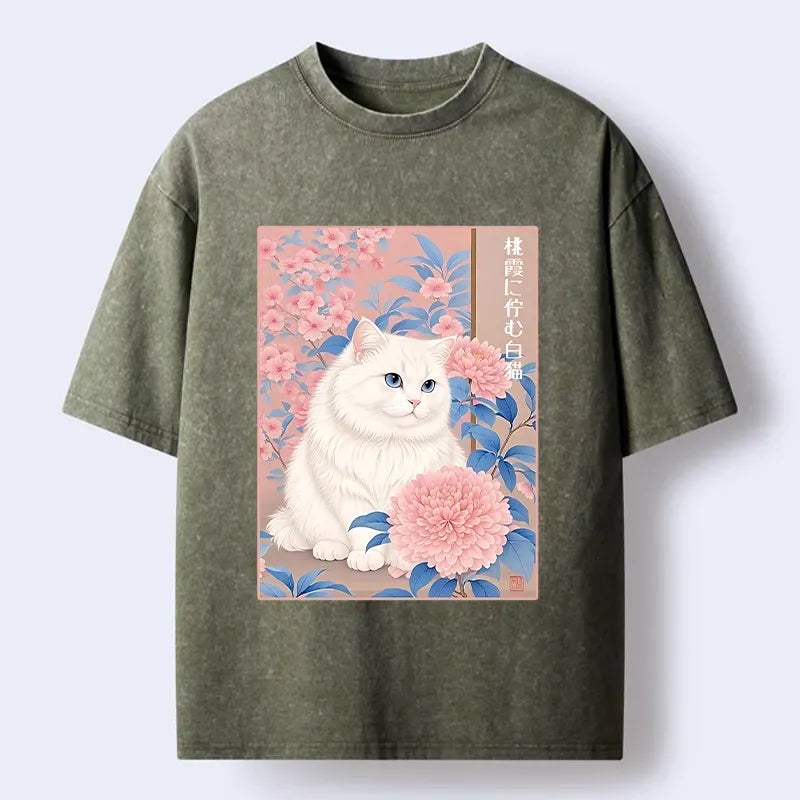 White Cat Pink Blossom Soft T-Shirt
