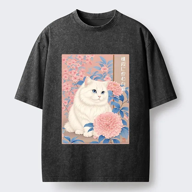 White Cat Pink Blossom Soft T-Shirt