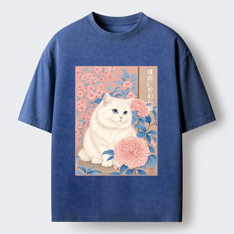 White Cat Pink Blossom Soft T-Shirt