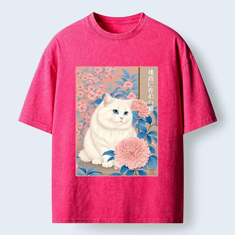 Kyoto-Lion White Cat Pink Blossom Soft Art Washed T-Shirt