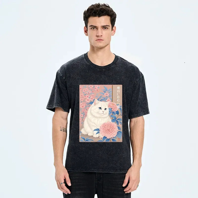 White Cat Pink Blossom Soft T-Shirt