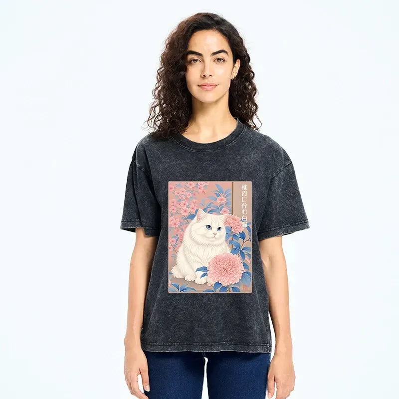 White Cat Pink Blossom Soft T-Shirt