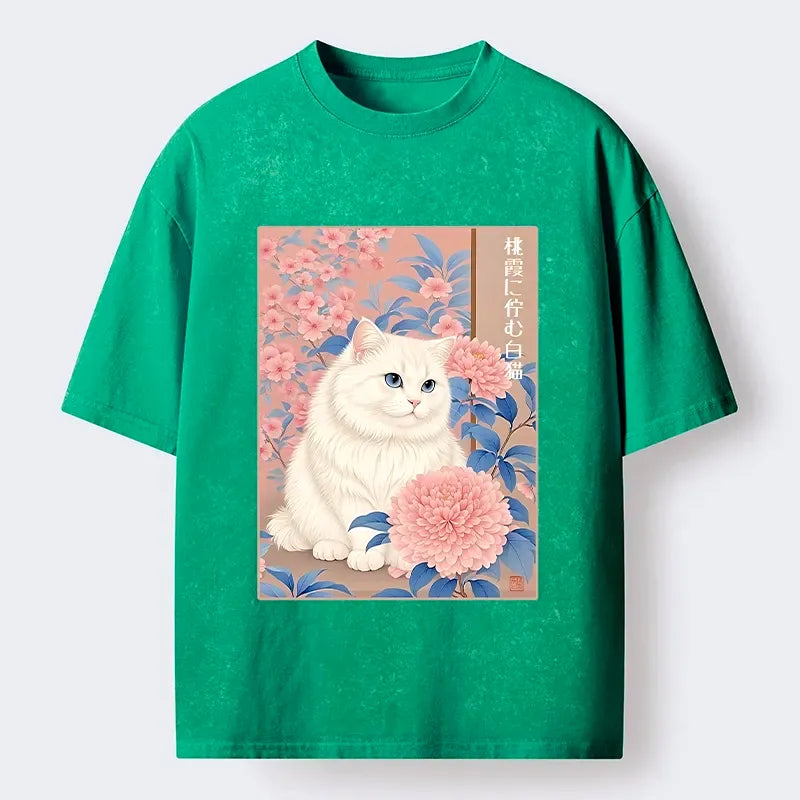 White Cat Pink Blossom Soft T-Shirt