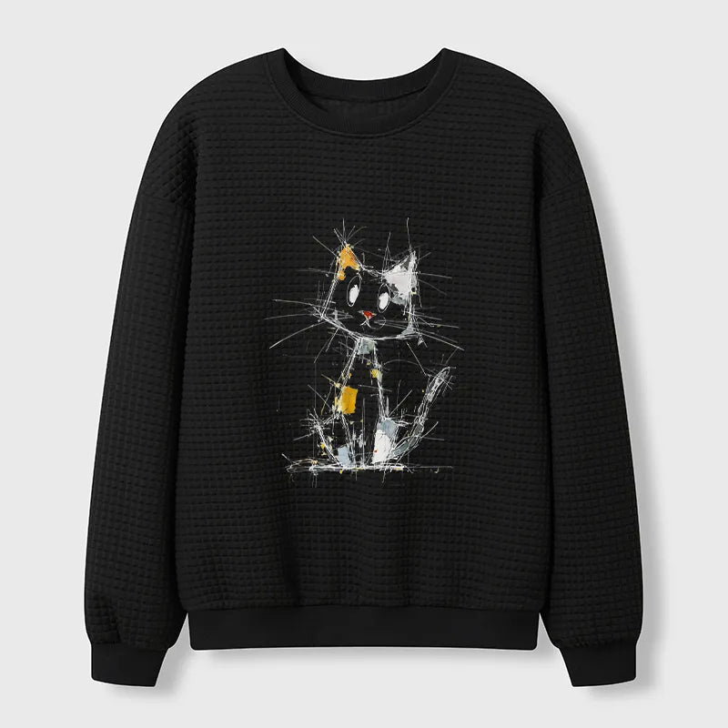 Kyoto-Lion Minimal Splash Ink Cute Cat Waffle Sweatshirt