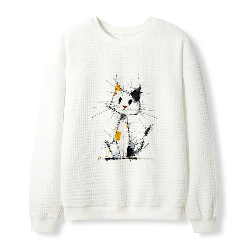 Kyoto-Lion Minimal Splash Ink Cute Cat Waffle Sweatshirt