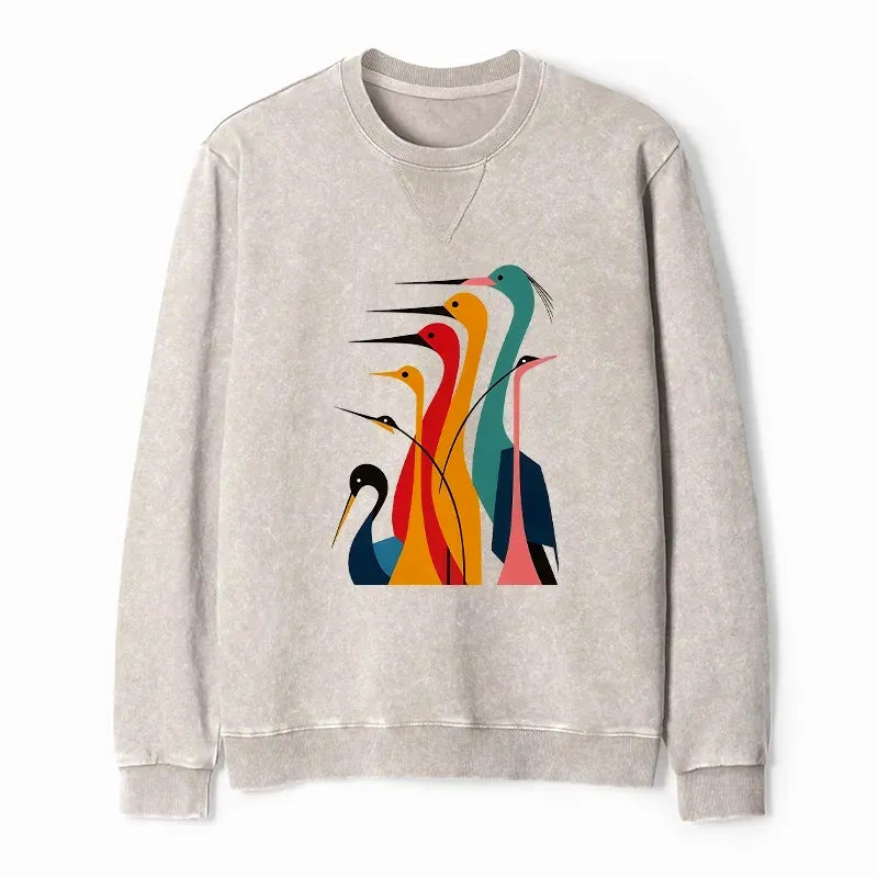 Japanese Cranes Washed Terry Sweatshirt for Daily Wear