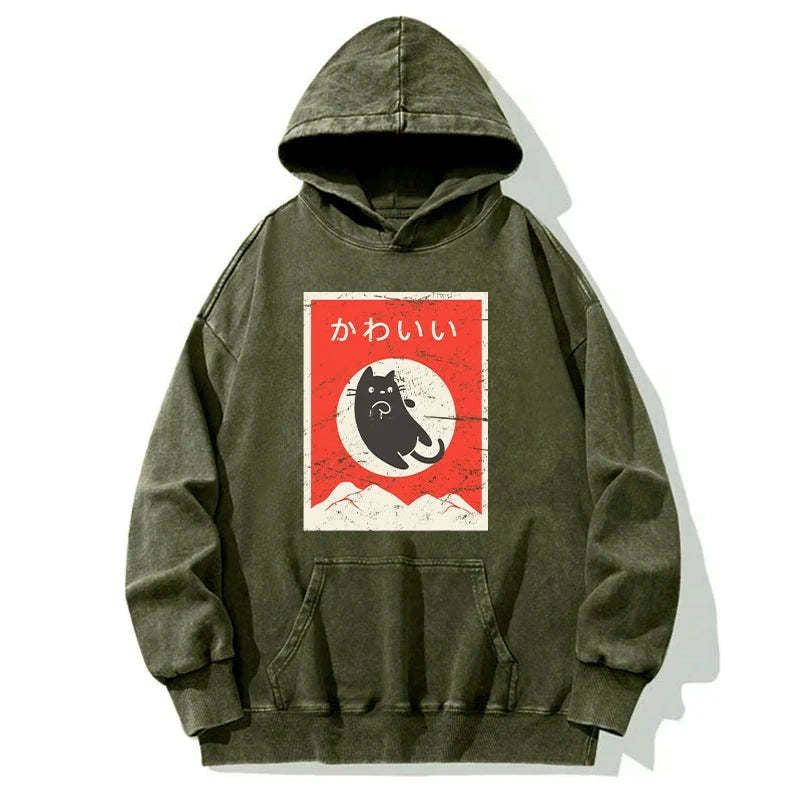 japanese washed hoodie with cute black cat