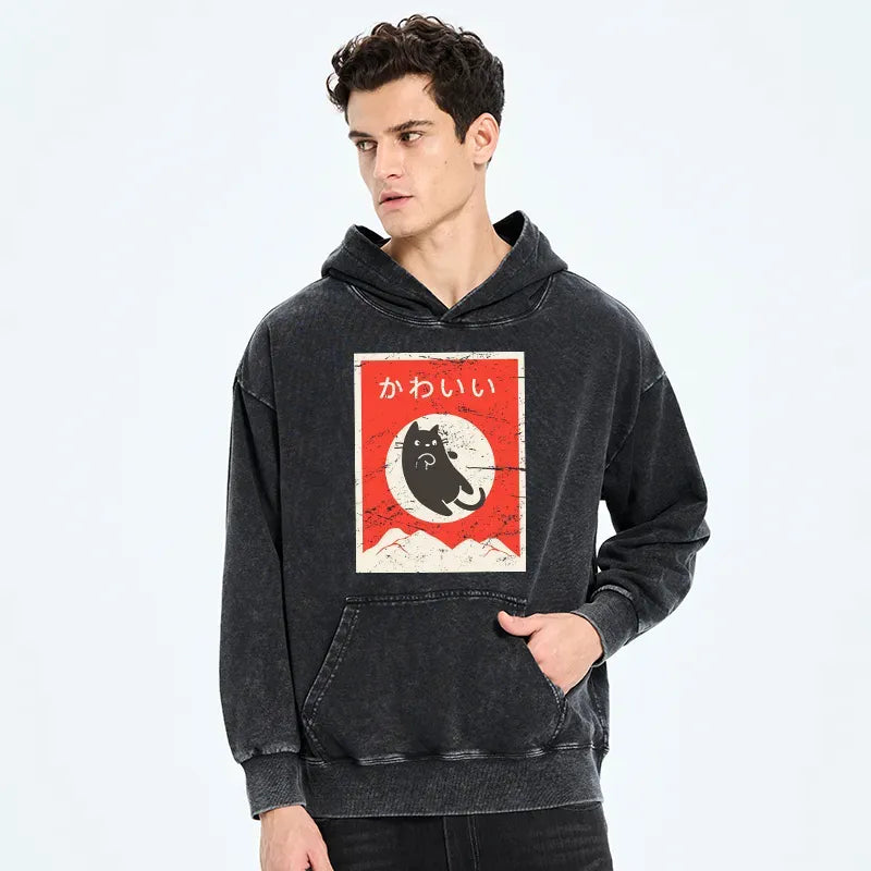 japanese washed hoodie with cute black cat
