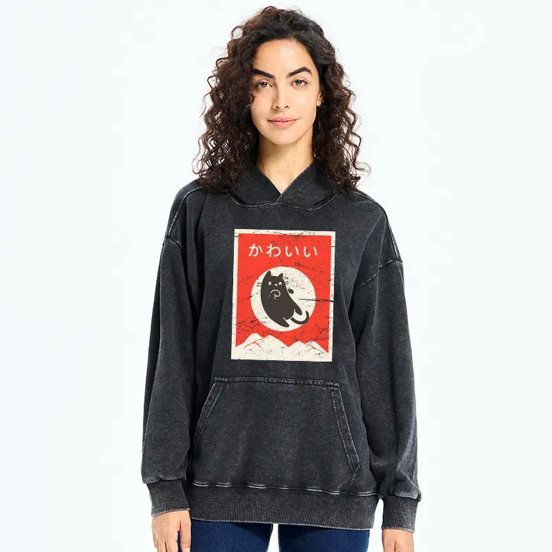 japanese washed hoodie with cute black cat