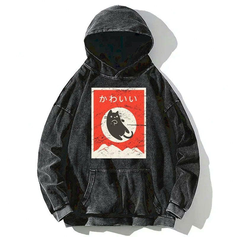 japanese washed hoodie with cute black cat