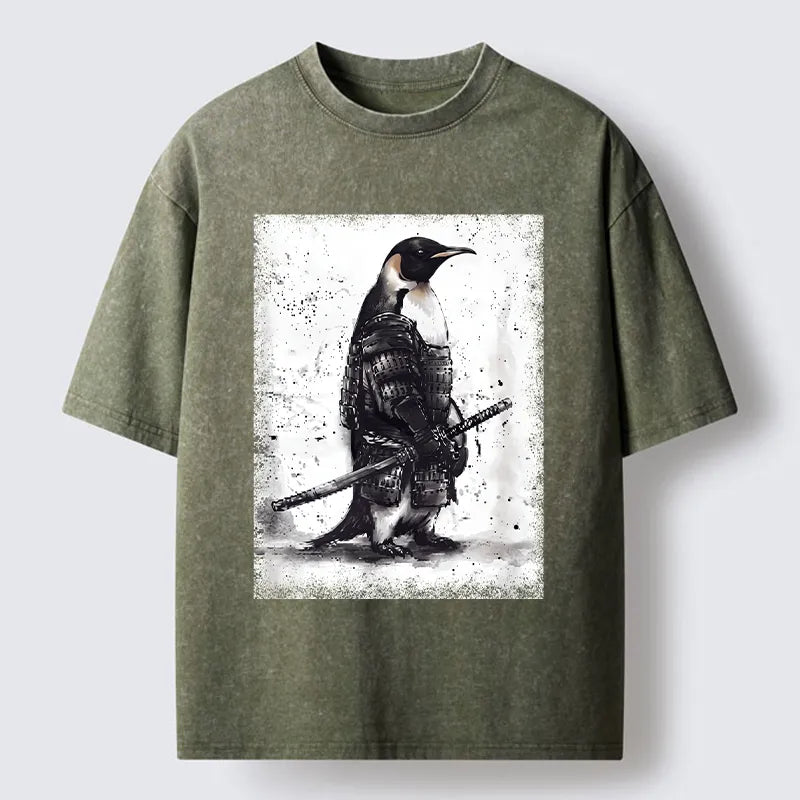 Kyoto-Lion Samurai Penguin Art Washed T-Shirt