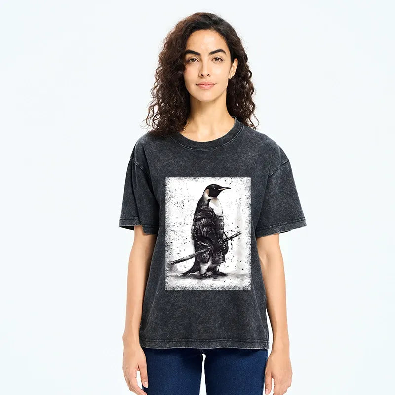 Kyoto-Lion Samurai Penguin Art Washed T-Shirt