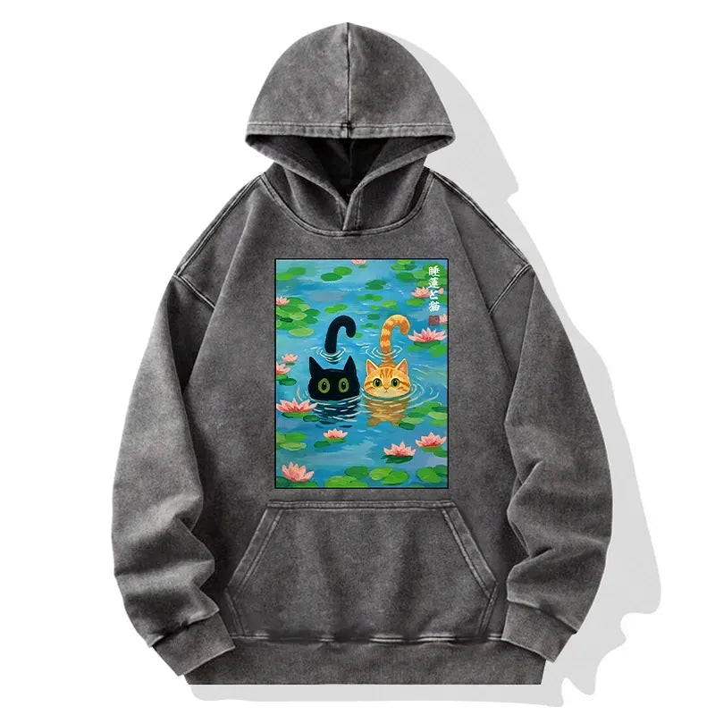 Kyoto-Lion Cats In The Lotus Pond Washed Hoodie