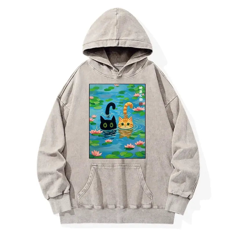 Washed Lotus Pond Cat Hoodie for Streetwear