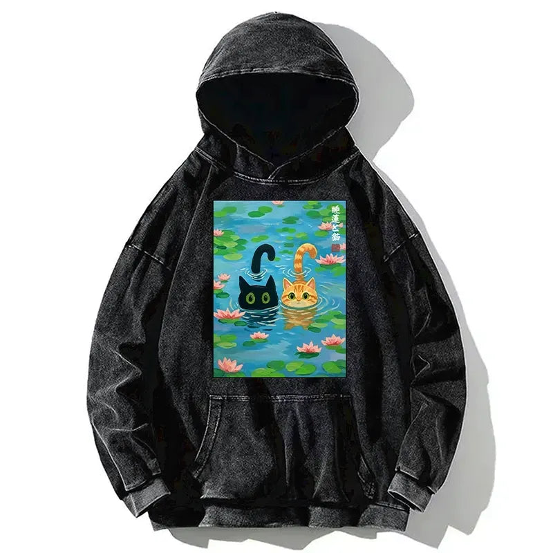Washed Lotus Pond Cat Hoodie for Streetwear