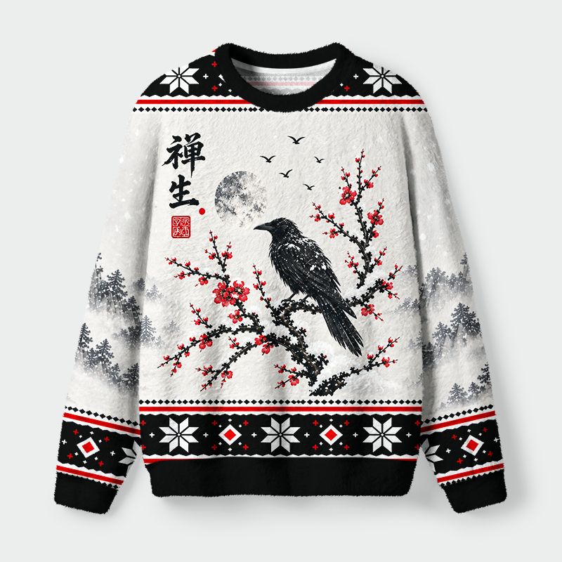 Kyoto-Lion Ink Style Winter Zen Crow Fuzzy Christmas Ugly Sweatshirt