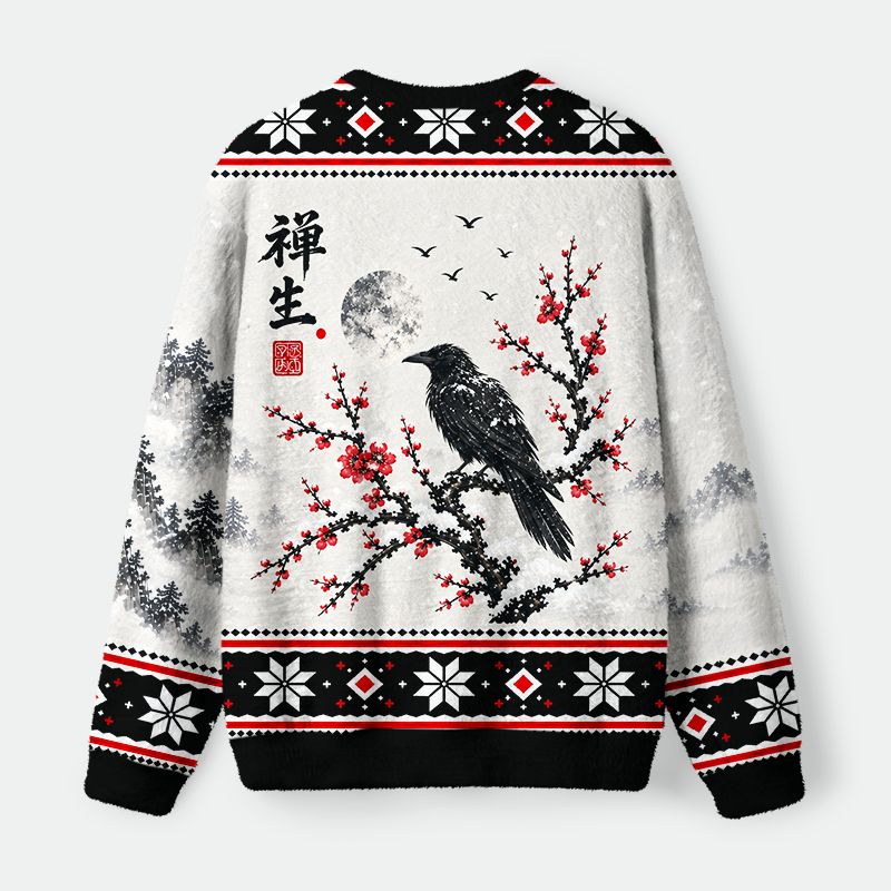 Kyoto-Lion Ink Style Winter Zen Crow Fuzzy Christmas Ugly Sweatshirt